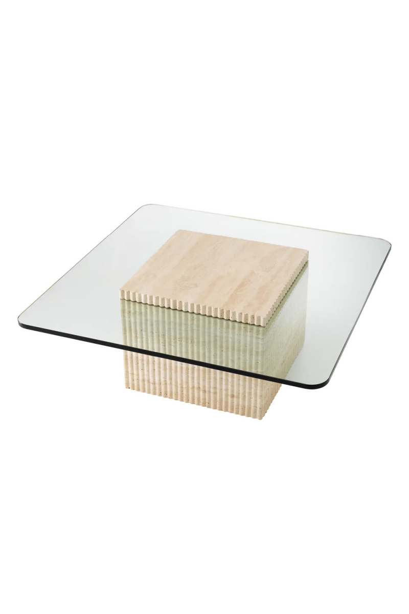 Table basse carrée en travertin et verre transparent | Eichholtz Brindisi | Meubleluxe.fr