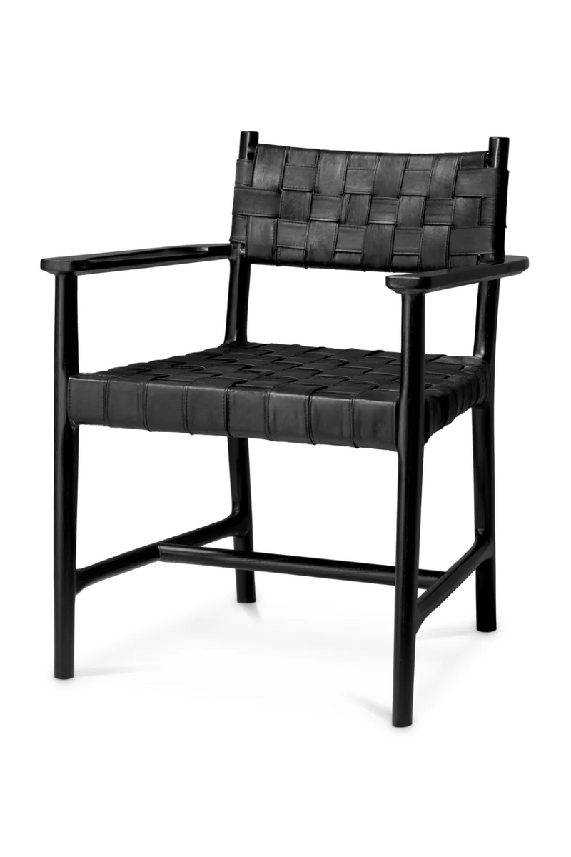 Fauteuil de salle a manger en cuir noir tresse | Eichholtz Tiberio | OROA.fr