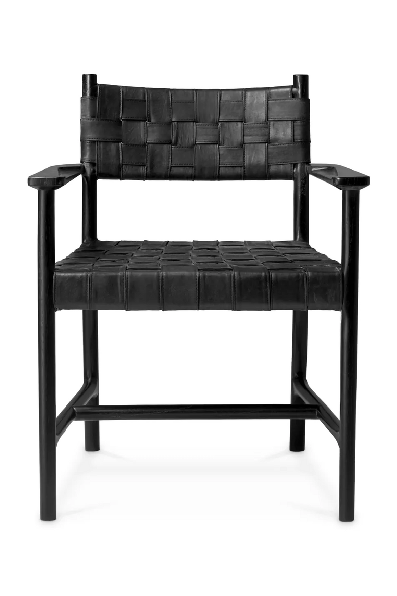 Fauteuil de salle a manger en cuir noir tresse | Eichholtz Tiberio | OROA.fr