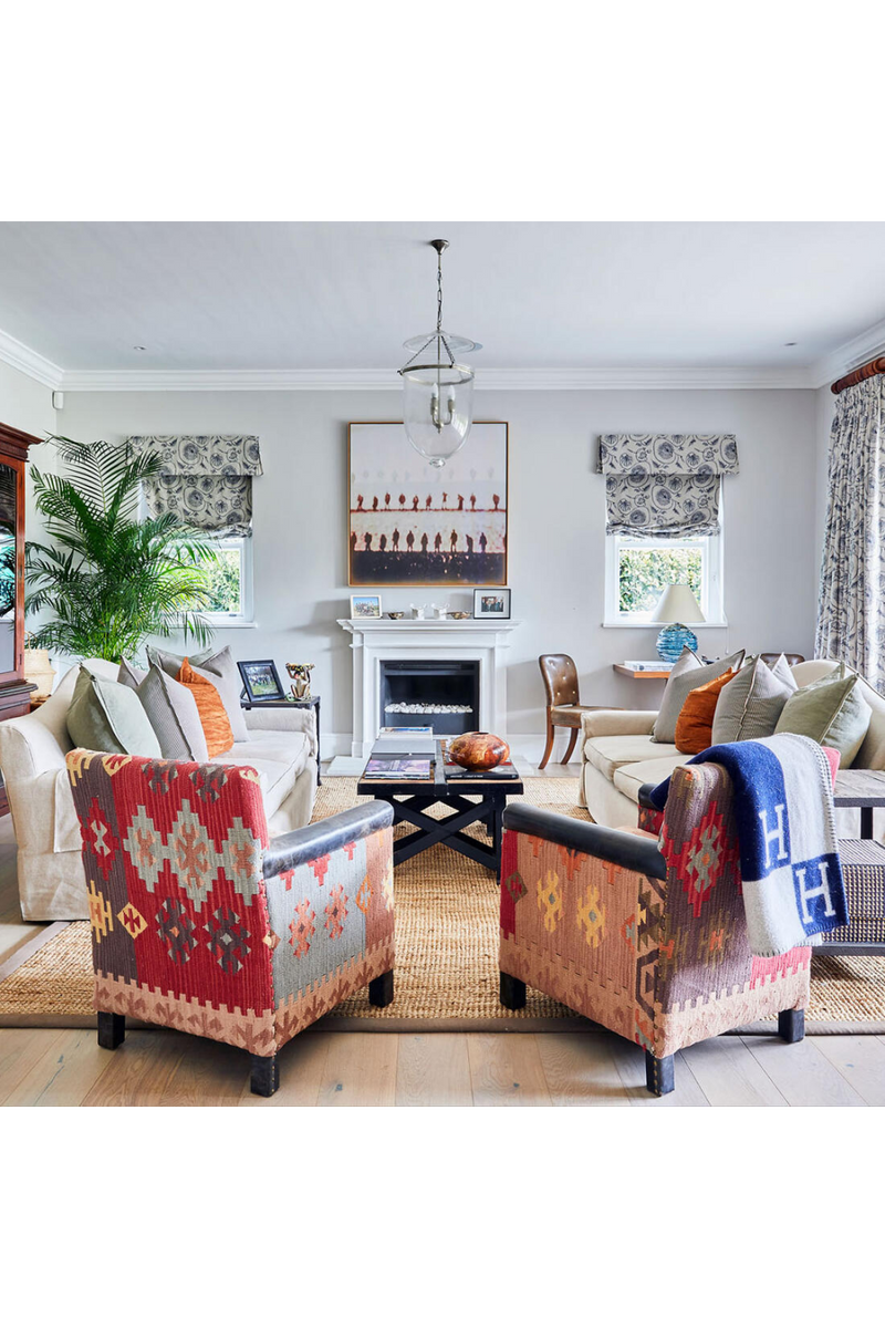 Fauteuil En Cuir Marron En Kilim Coloré | Andrew Martin Marlborough | OROA.fr