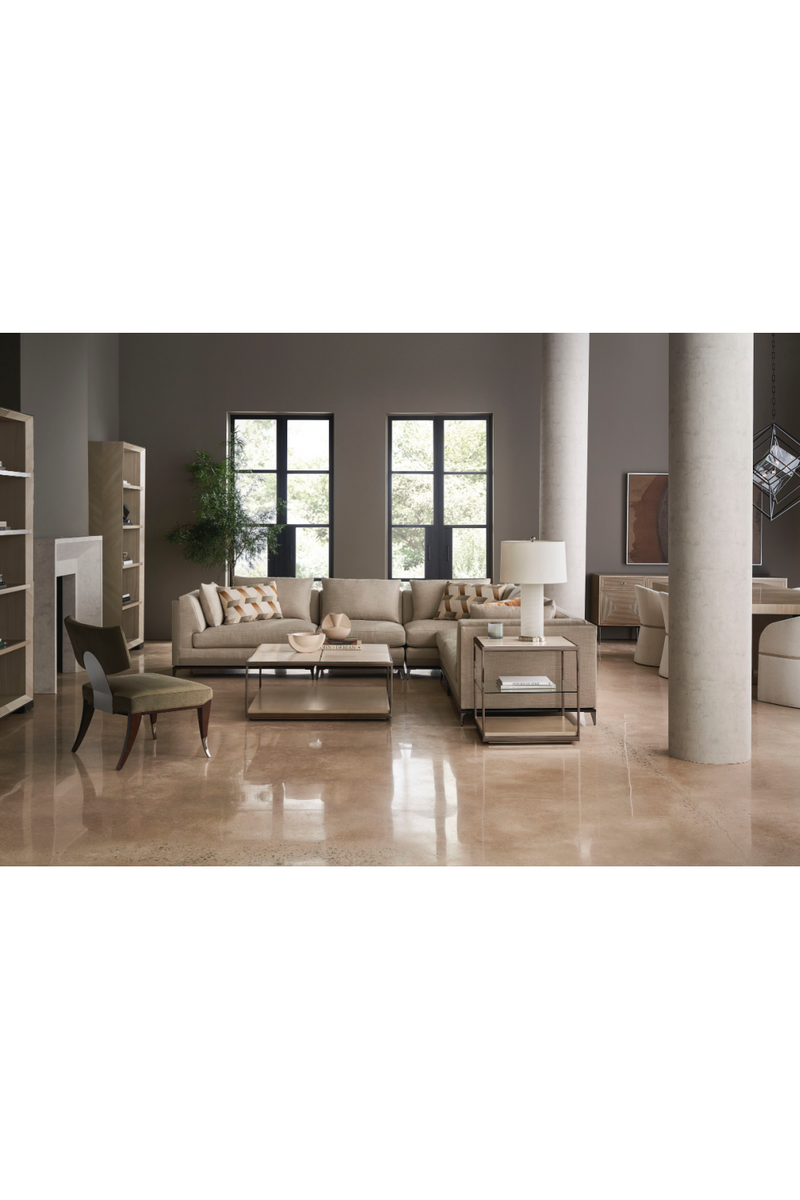 Table basse carrée en bronze et travertin | Caracole Cartesian | Meubleluxe.fr