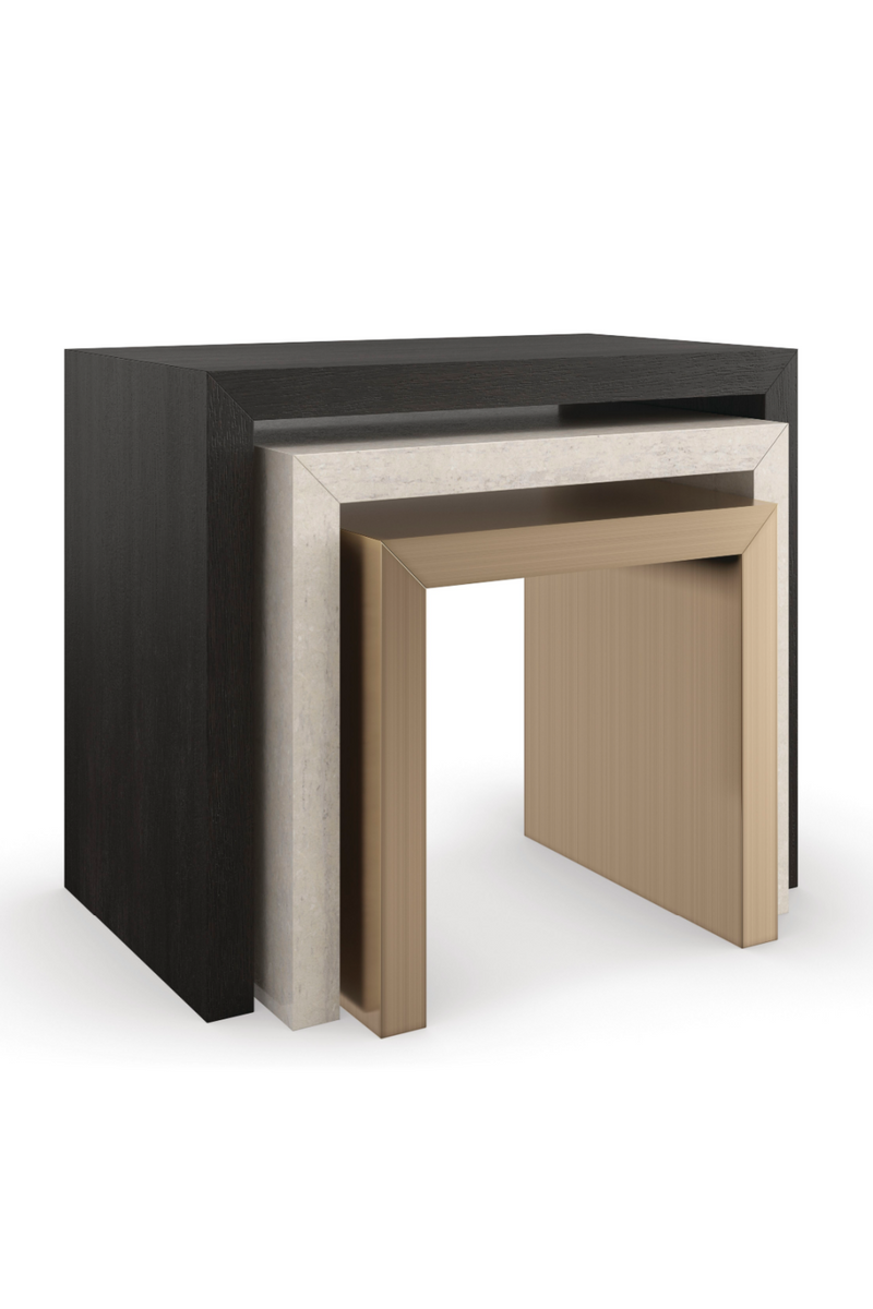 Table d'appoint gigogne en laiton, bois et travertin | Caracole Contrast | Meubleluxe.fr