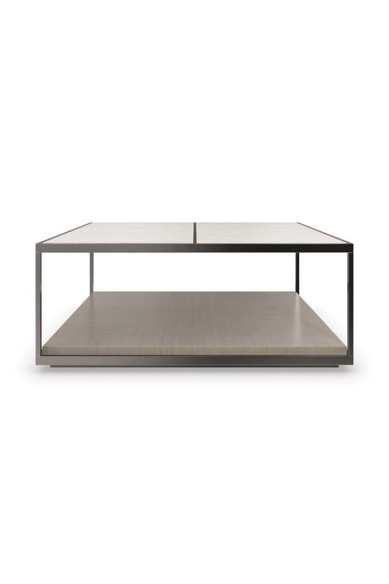 Table basse carrée en bronze et travertin | Caracole Cartesian | Meubleluxe.fr