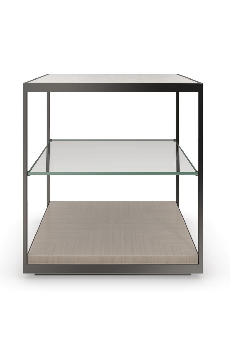 Table d'appoint en travertin et bronze | Caracole Quadrant | Meubleluxe.fr